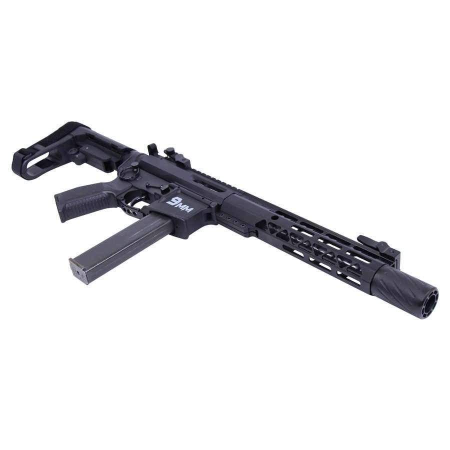 Compact black submachine gun with folding stock, suppressor, and tactical accessories for military use.