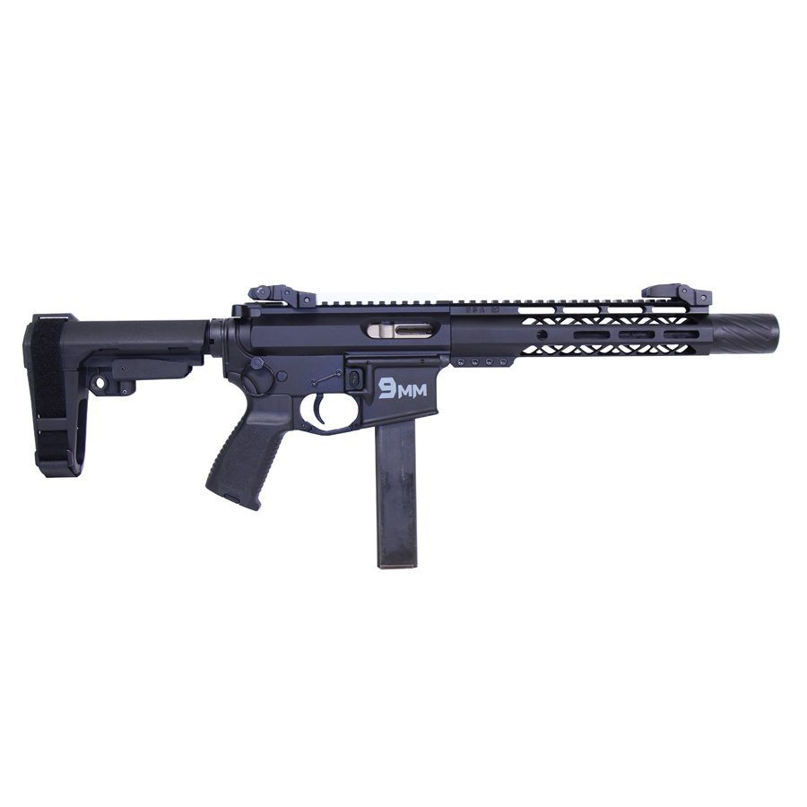 Sleek 9mm PCC with adjustable brace, suppressor-style barrel, ergonomic grip, and tactical sights.