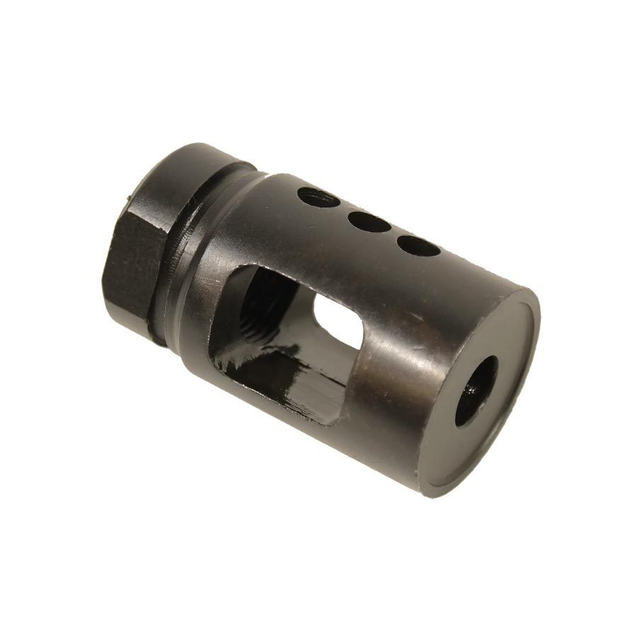 Sleek muzzle brake with ports for recoil reduction, enhancing firearm control and shooting precision.