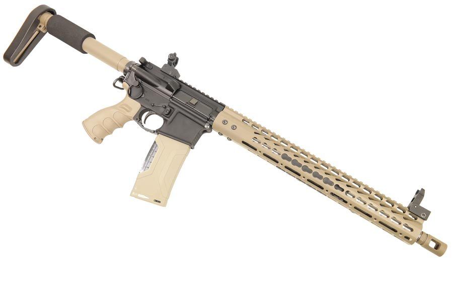 Custom AR-15 with black and tan design, folding stock, and M-LOK rail for accessories.