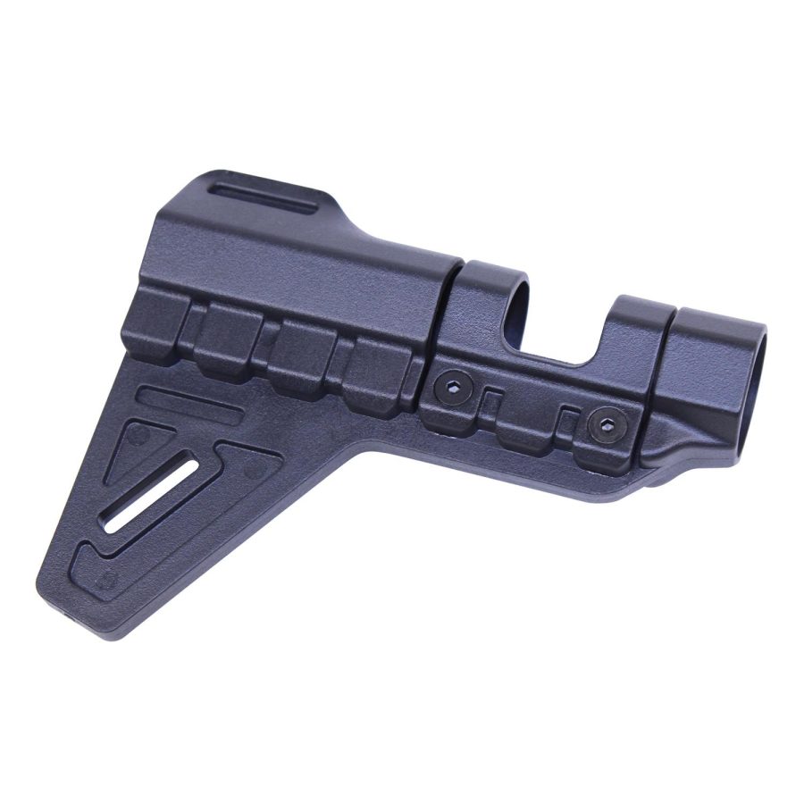 Black polymer stabilizing brace for AR pistols, enhances accuracy, control, tactical design.
