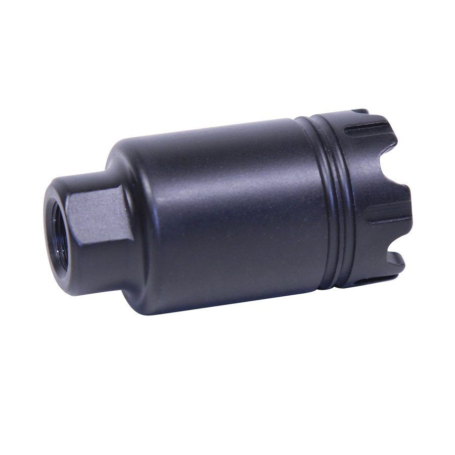 Black metal muzzle device with matte finish, grooves, and hexagonal base for recoil reduction.