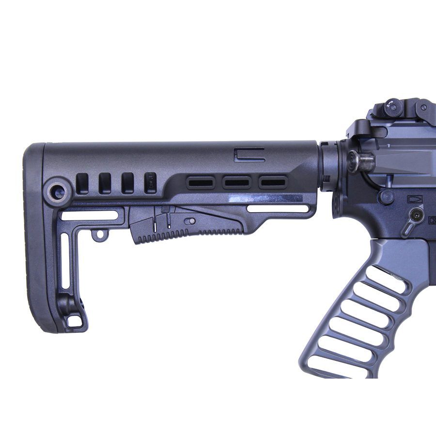 Modern tactical rifle stock with adjustable buttstock and ergonomic grip for customizable shooting.