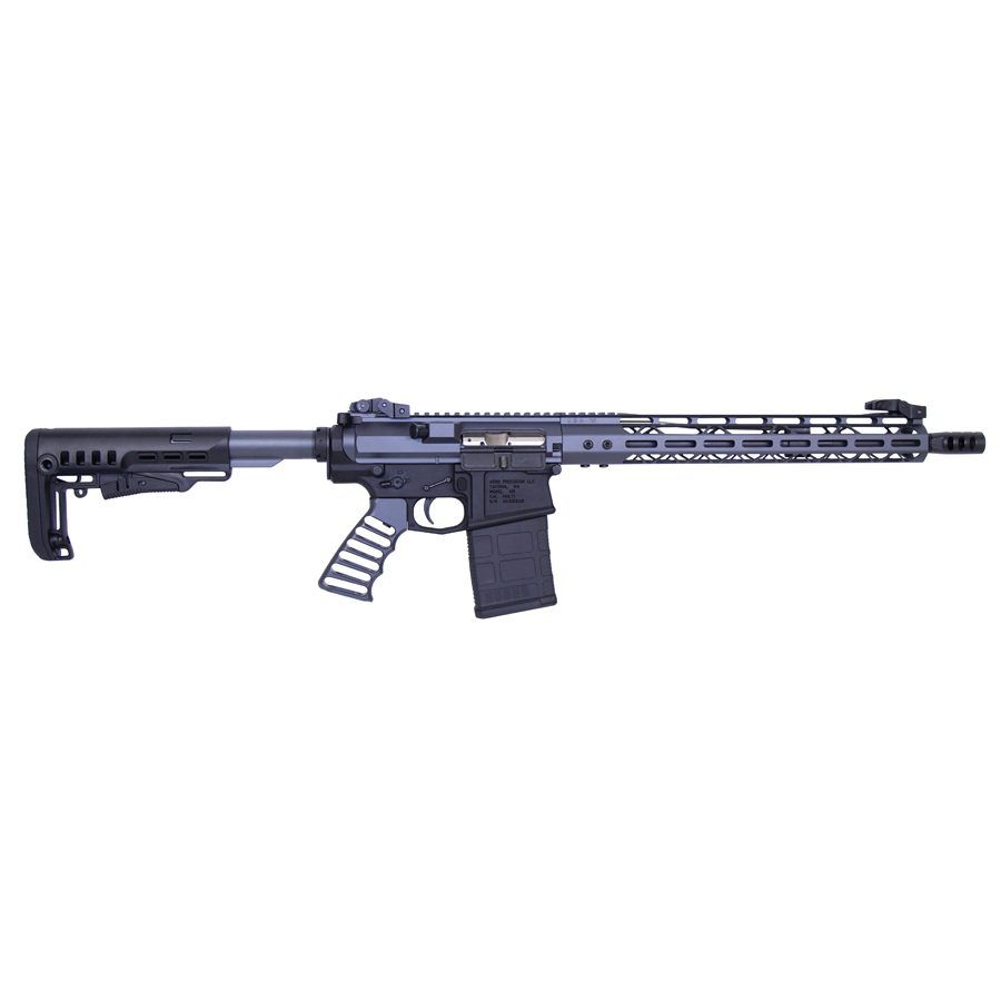 Sleek black AR-platform rifle, semi-automatic with collapsible stock, M-LOK handguard for tactical versatility.