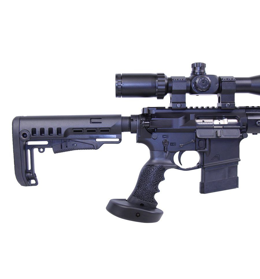 Modern tactical rifle with adjustable stock, ergonomic grip, and precision scope.