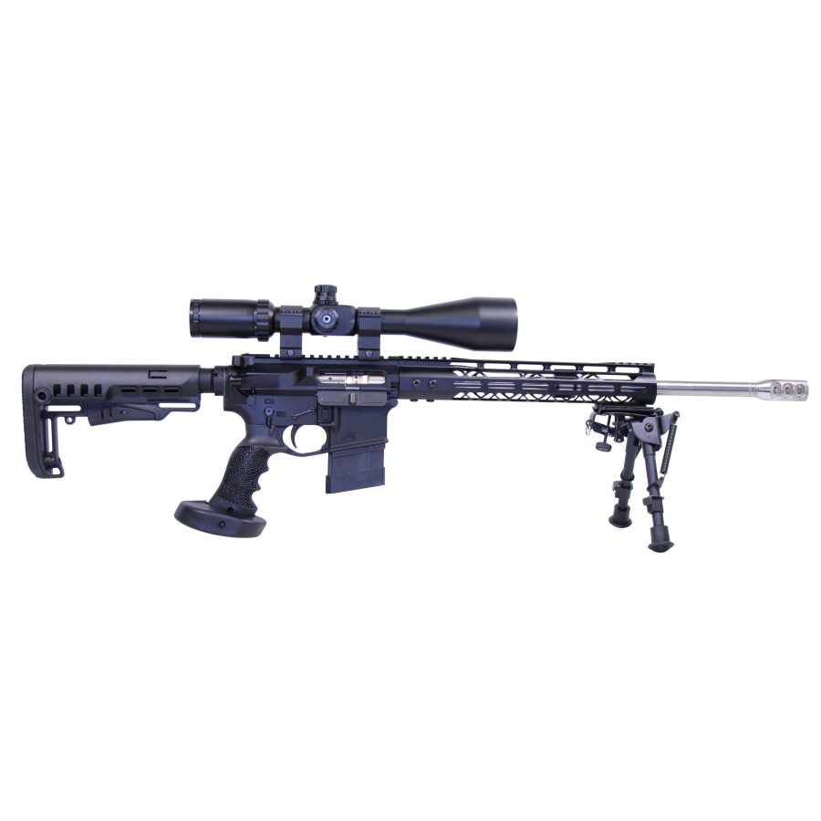 Sleek black precision rifle with scope, bipod, adjustable stock, and rail system for long-range accuracy.