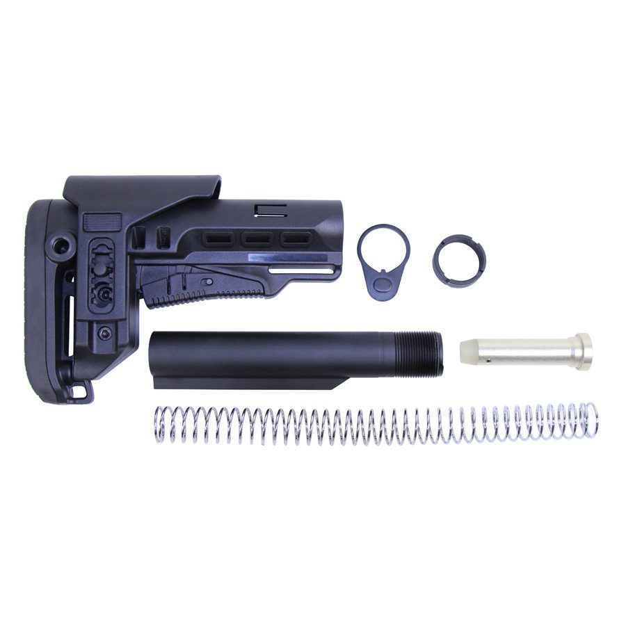 Disassembled AR rifle stock kit with adjustable buttstock, buffer tube, recoil spring, and hardware components.