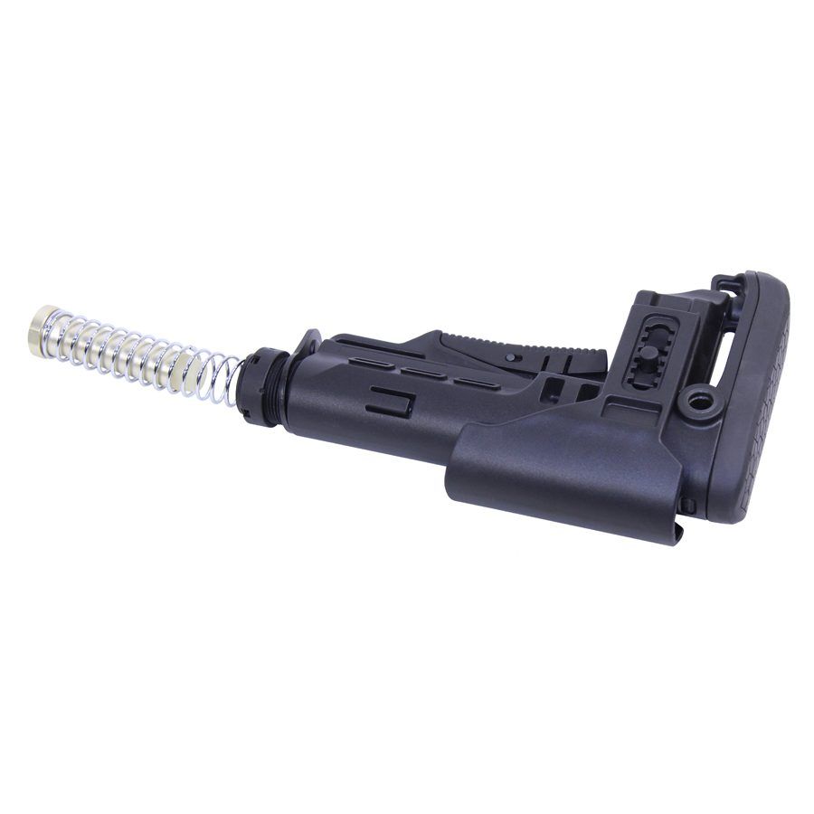 AR-15 rifle buffer tube with spring for recoil absorption and adjustable precision shooting.