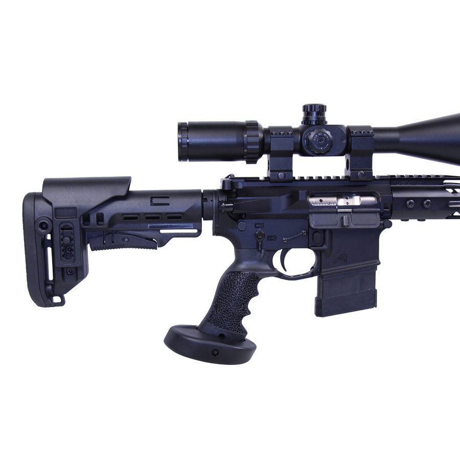 Matte black AR rifle with scope and modular features for precision tactical applications.