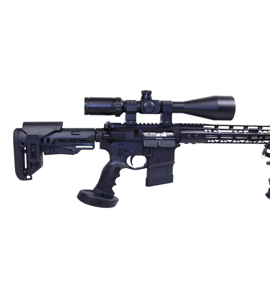 Black tactical rifle with scope, adjustable stock, ergonomic grip, rail handguard, for precision shooting.