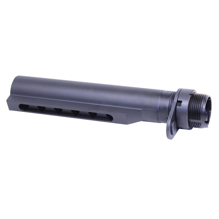 AR rifle buffer tube with slots, matte finish, threaded for secure attachment.