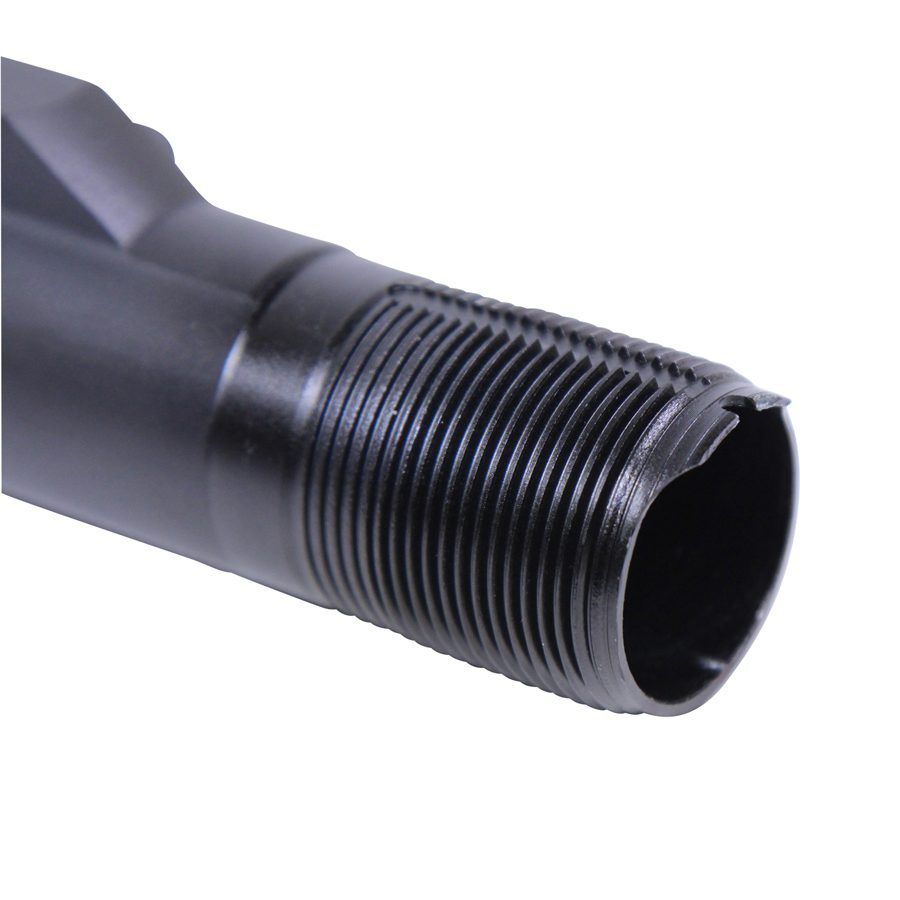 Black threaded firearm barrel for suppressors; precision-machined, matte finish, high-quality engineering.