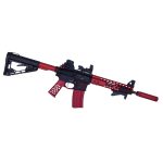 Black and red AR-15 with tactical accessories and custom two-tone design.