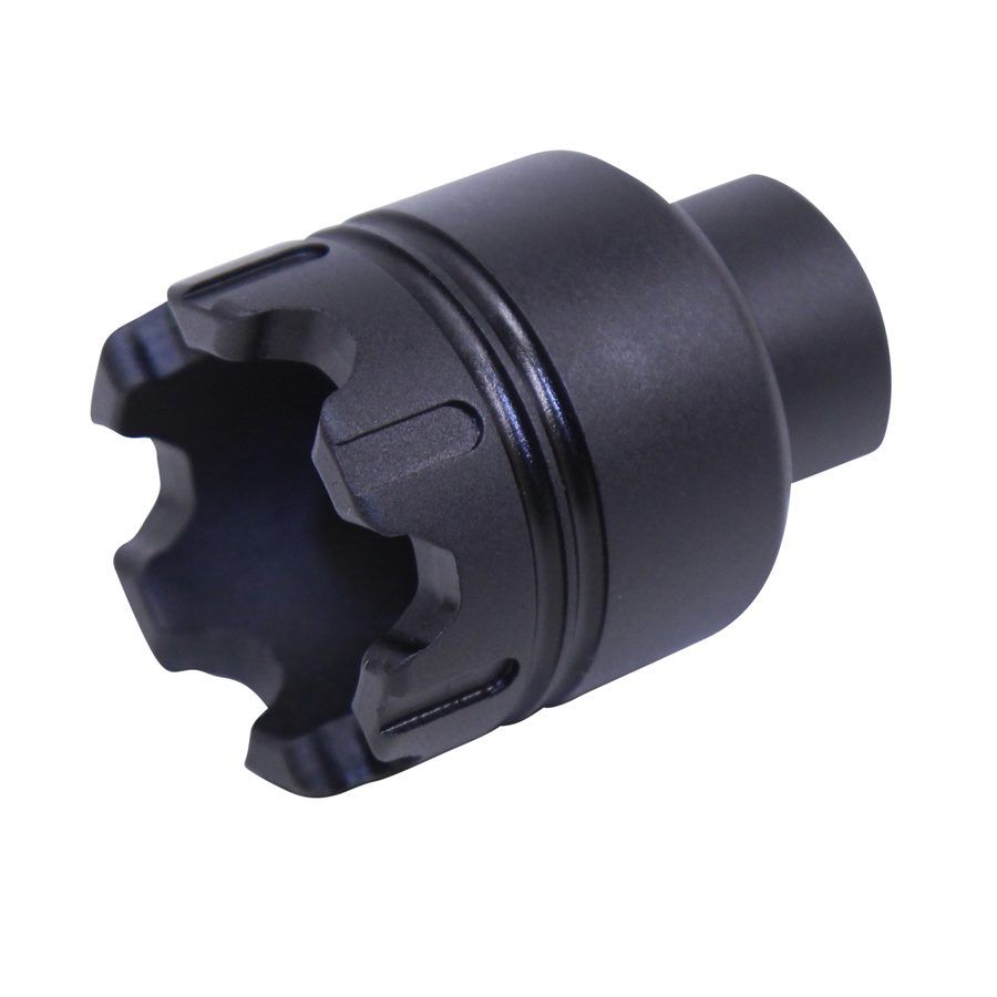 Black Tactical Muzzle Device with Star-Shaped Aperture for Firearm Performance Enhancement