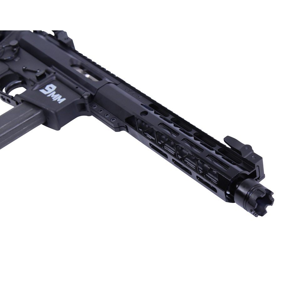 Close-up of modern tactical rifle with modular rail, matte finish, and partial BM branding.