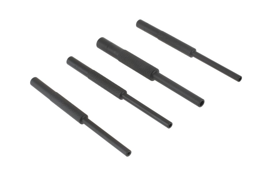 Black precision pin punches for mechanical alignment on white background.