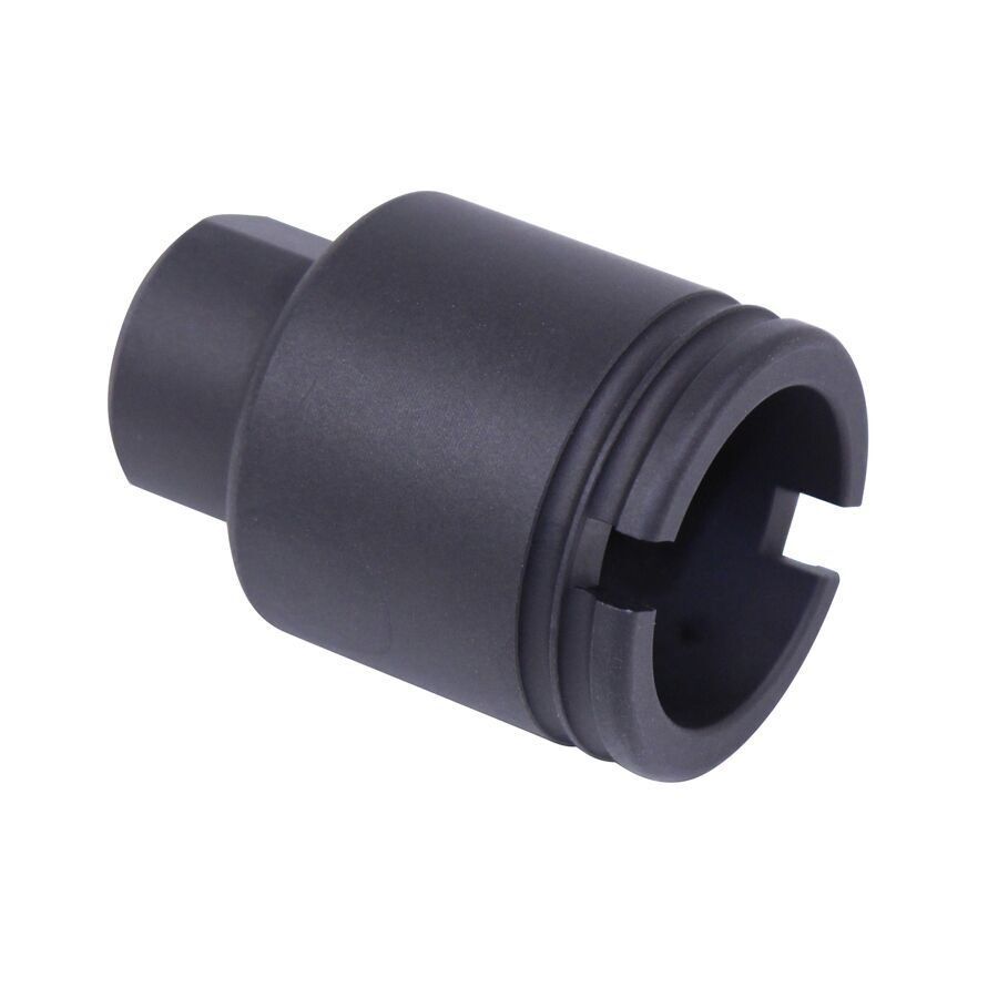 Matte black flash hider for firearms; reduces muzzle flash, manages recoil; precision machined.