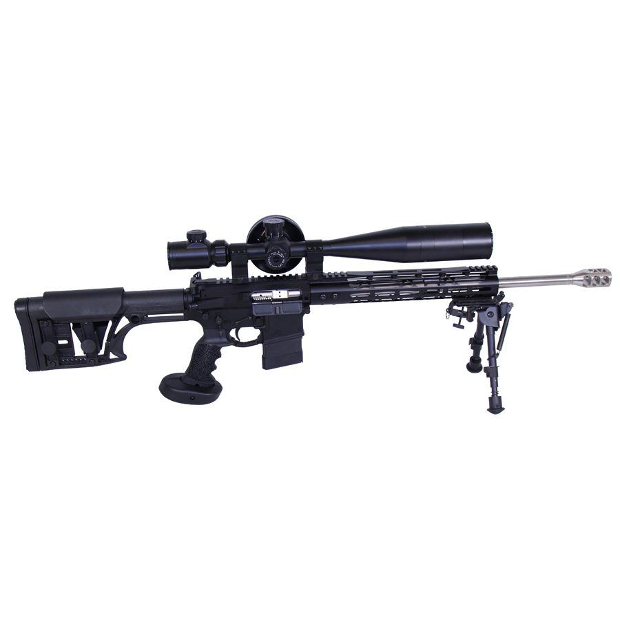 Modern black precision rifle with scope and bipod for long-range shooting and customization.