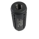 Matte black firearm suppressor with cooling slots and threaded attachment to reduce noise and heat.