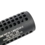 Black perforated firearm muzzle device with engraved markings, heat dissipation, made in USA.