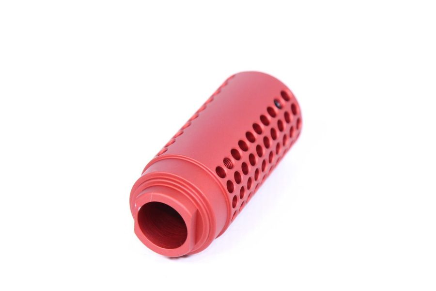Red anodized firearm muzzle brake with grid-like ventilation holes for performance and style.
