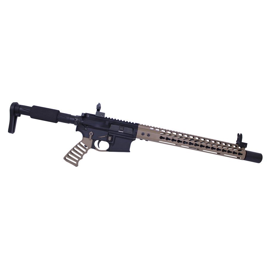 Modern AR rifle with tan rail, collapsible stock, ergonomic grip, and M-LOK attachment points.
