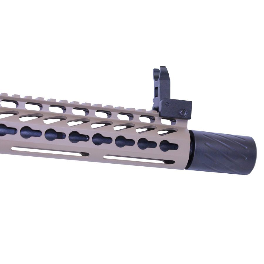 Close-up of tactical rifle barrel assembly with tan M-LOK handguard and black front sight.
