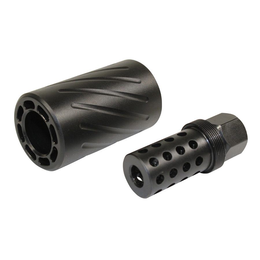 Black metal muzzle devices for recoil control: spiral fluted brake and compact ported compensator.