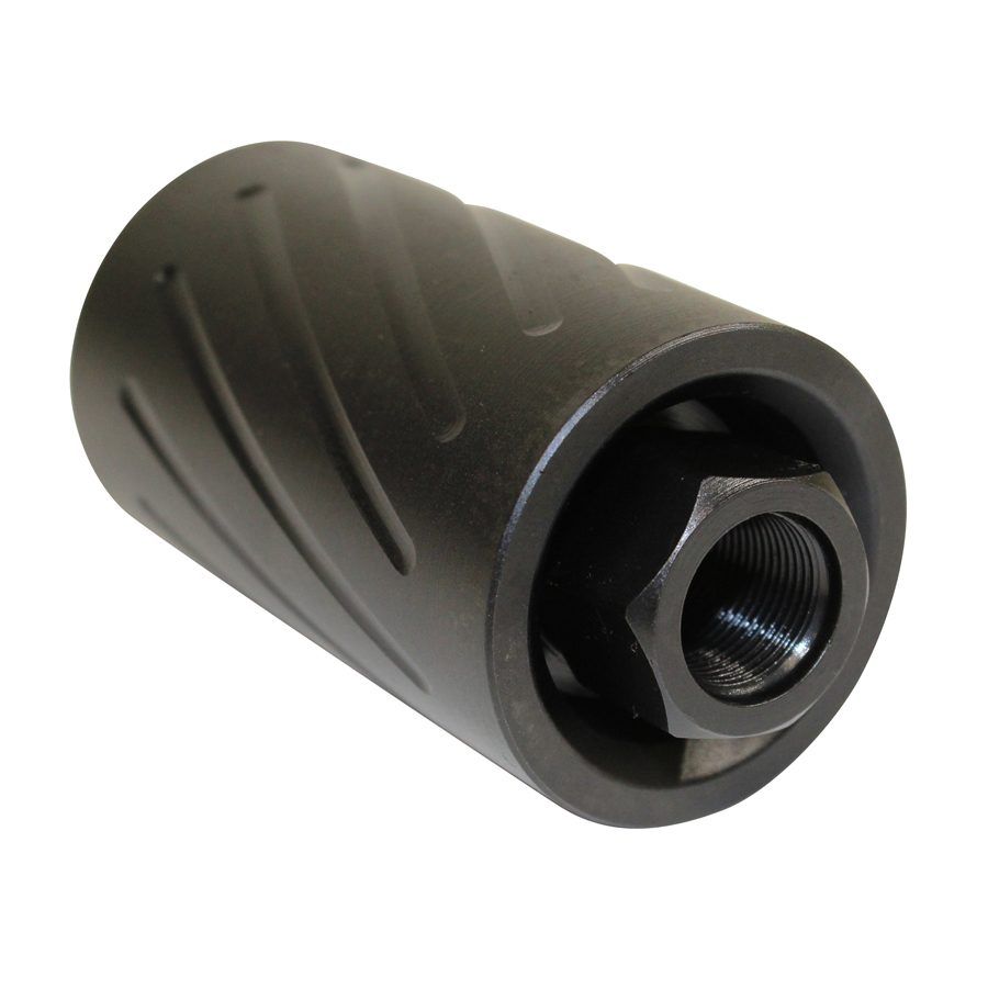 Black firearm suppressor with matte finish, diagonal grooves, hexagonal threading for noise reduction.
