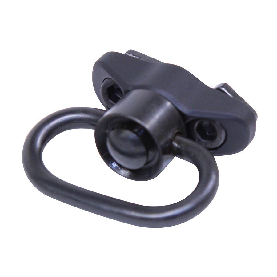Heavy-duty matte black quick-detach rifle sling swivel mount with 360-degree rotatable D-ring.
