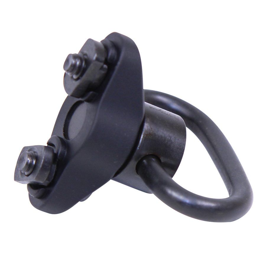 Sturdy black sling swivel mount for firearms, featuring a durable loop and secure mounting plate.