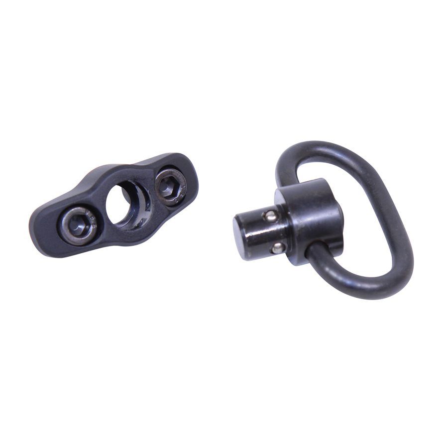 Tactical rifle sling mount and QD swivel in matte black for secure attachment.