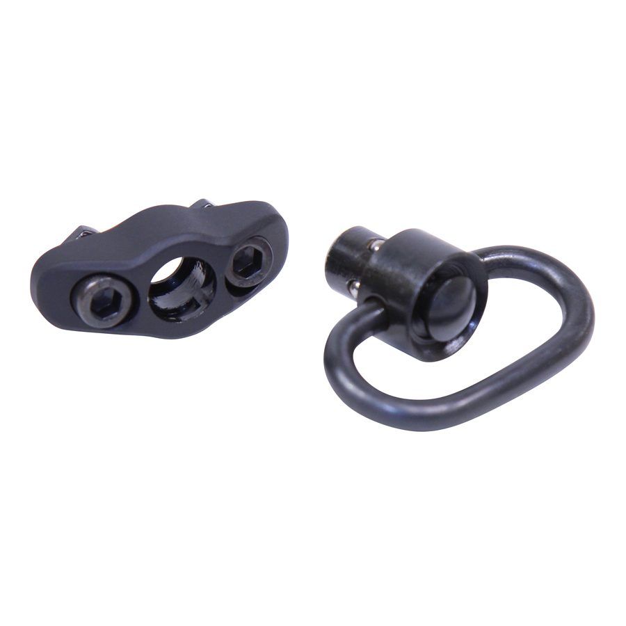 Black tactical firearm rail mount and sling swivel for customizable attachments and enhanced carrying options.