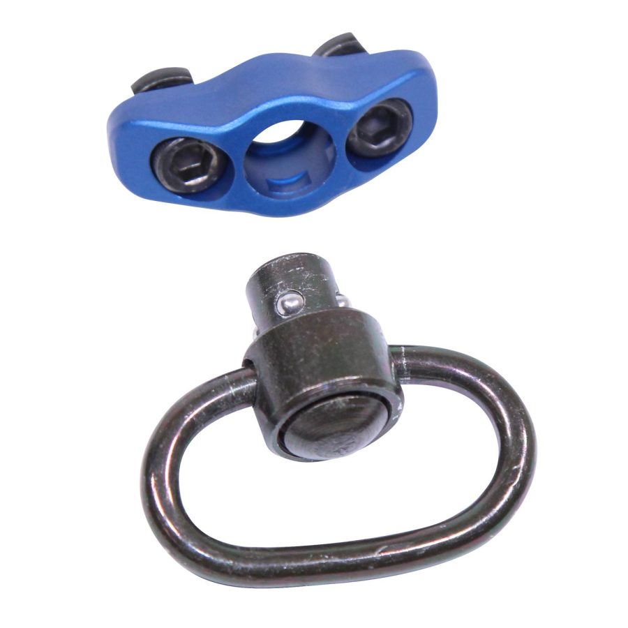 Modern and traditional firearm sling attachments: blue QD mount and classic black swivel.
