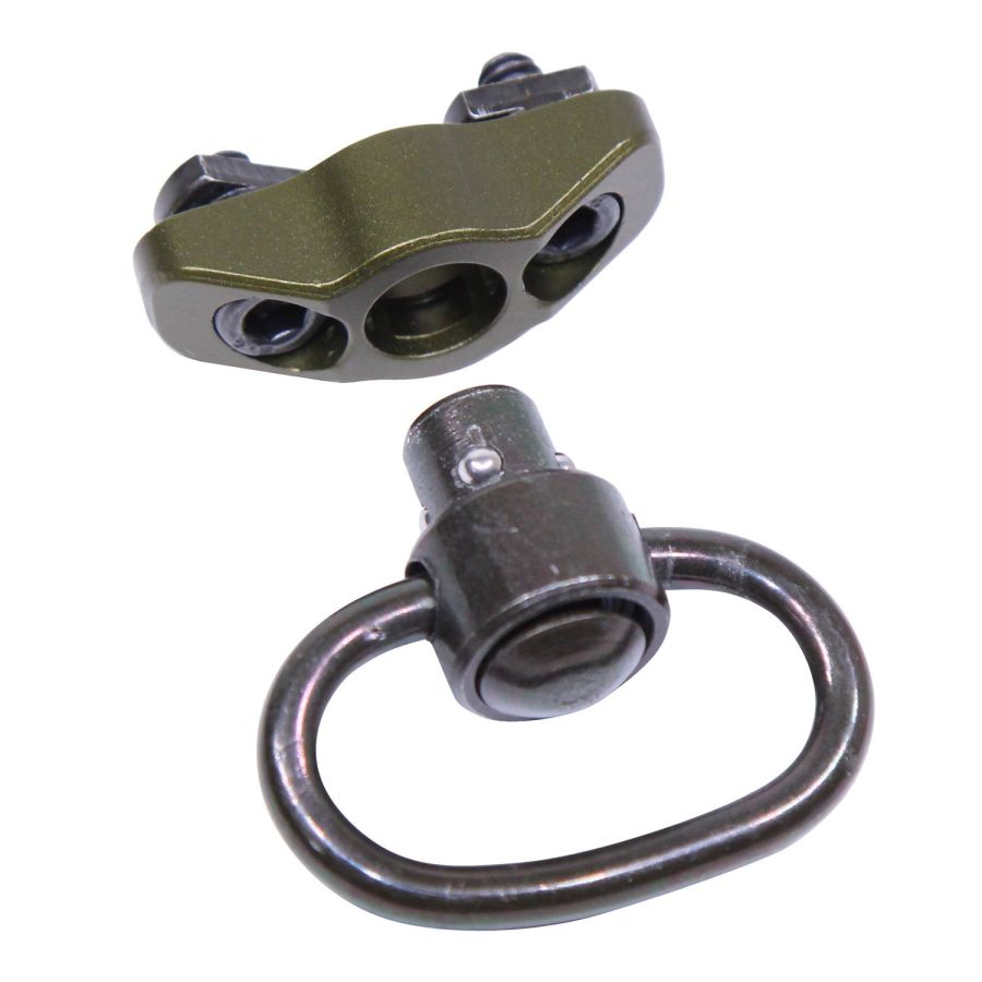 Olive green tactical sling mount and steel QD swivel for fast firearm sling attachment.