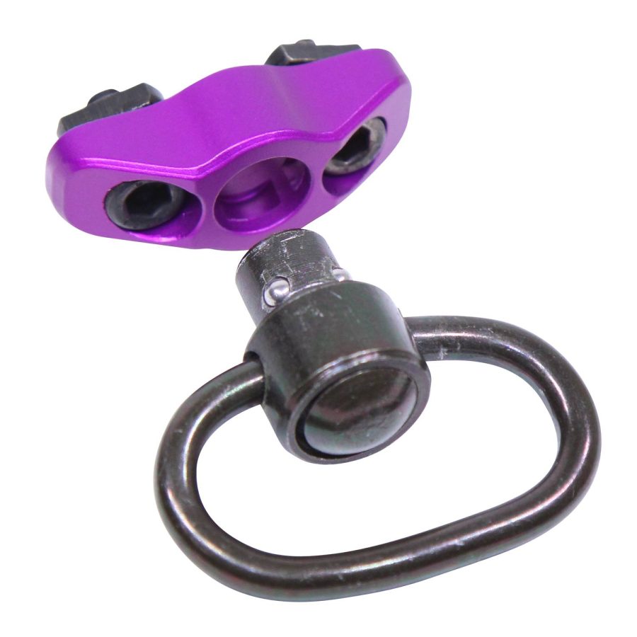 Purple anodized aluminum mount with silver connector and black D-ring for secure gear attachment.