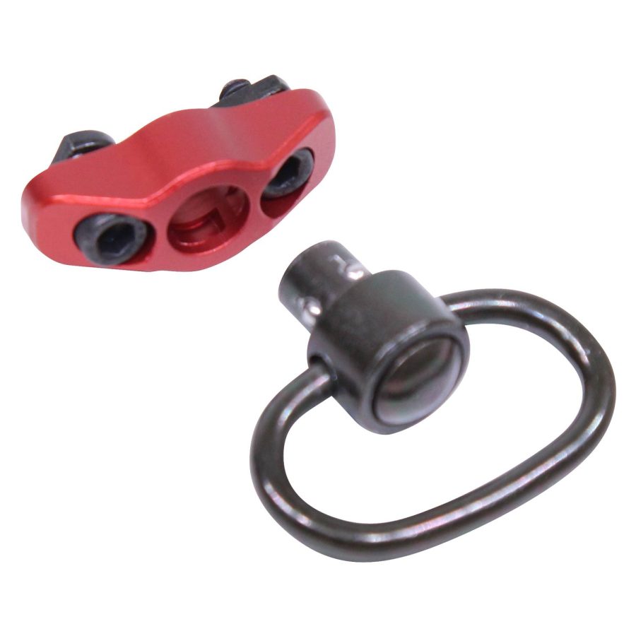 Red sling mount and black QD swivel for firearm sling systems on white background.