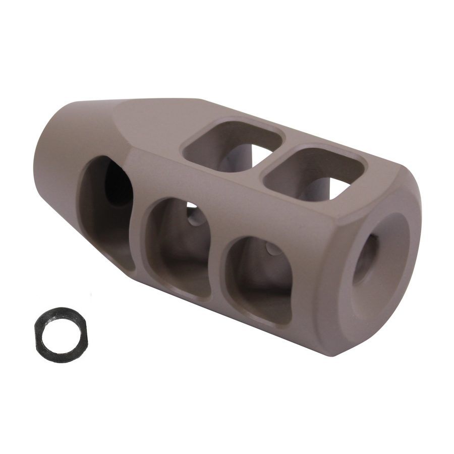 FDE muzzle brake with ports and crush washer for recoil reduction against a white background.