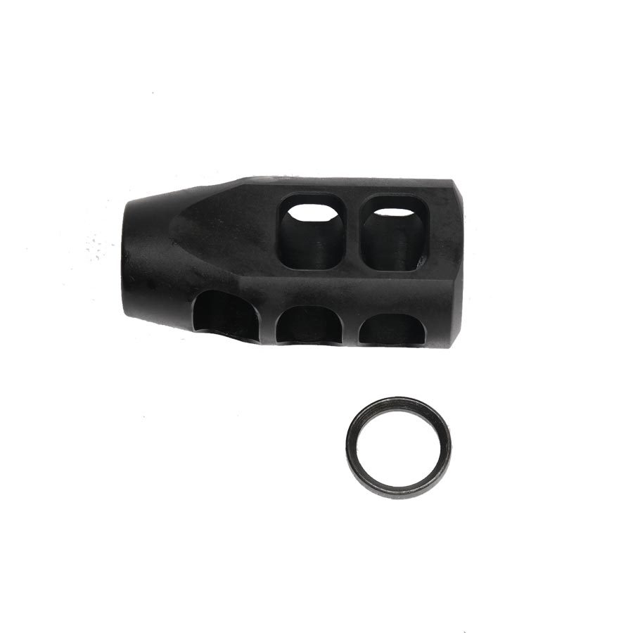 Black muzzle brake with ports and crush washer, reduces rifle recoil and muzzle climb.