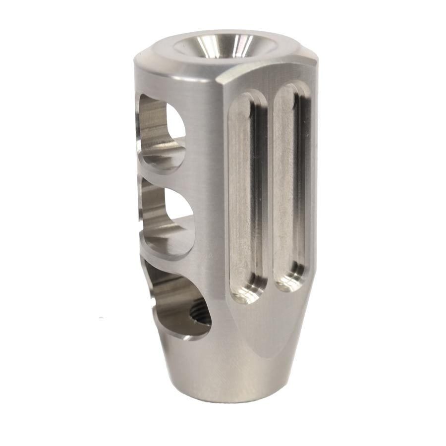 Precision-machined stainless steel muzzle brake with flared opening, cutouts, and gas-reducing channels.