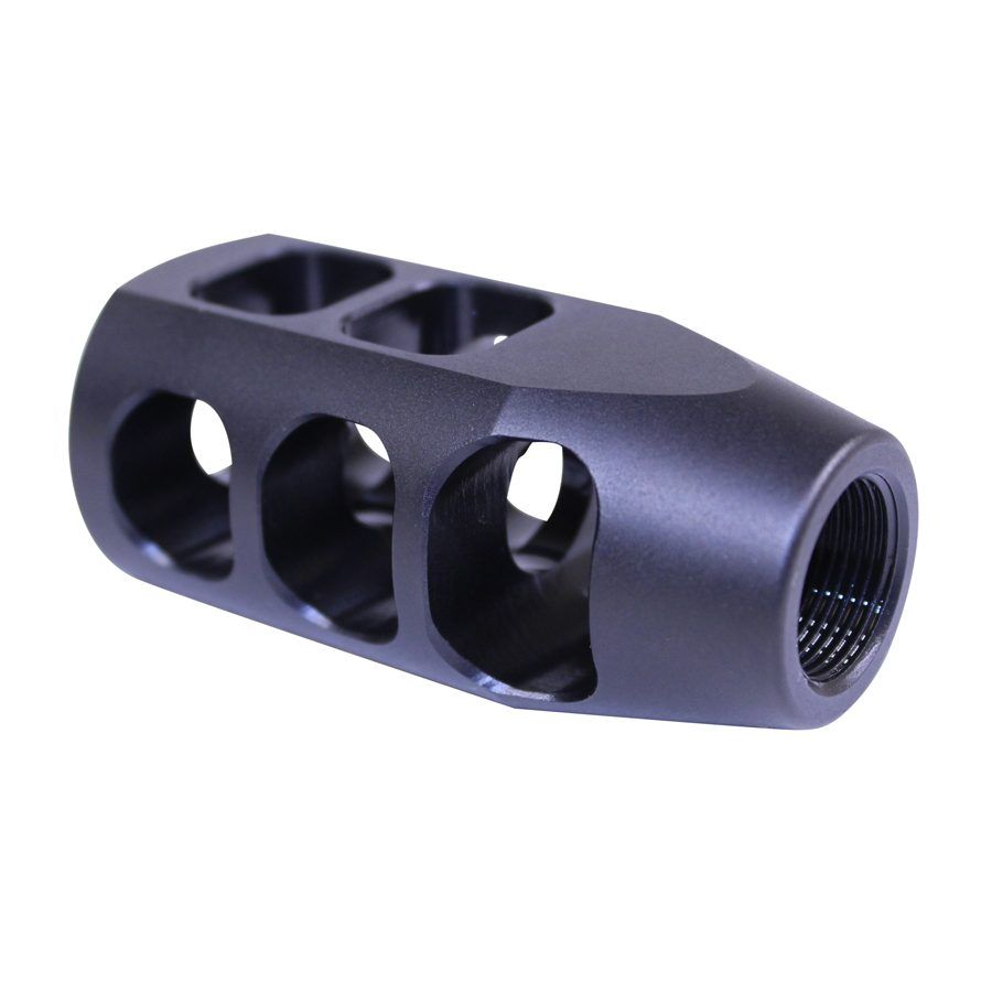 Tactical muzzle brake with recoil-reducing ports, threaded for easy firearm attachment.
