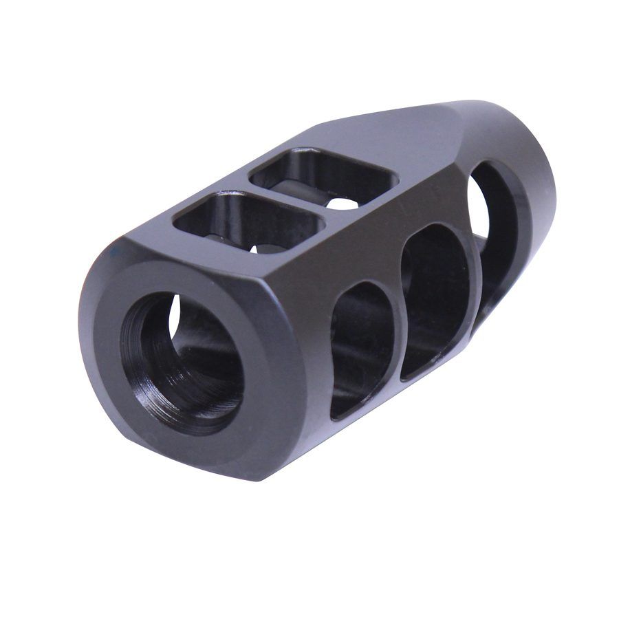 Precision-machined muzzle brake designed for recoil reduction with multiple gas ports. Matte black finish.