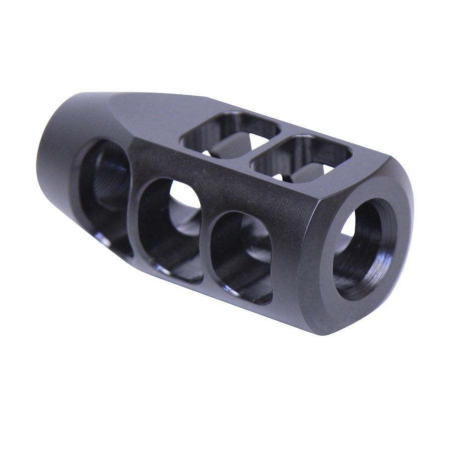 Black tactical muzzle brake with precision-cut ports reduces recoil and improves shooting accuracy.