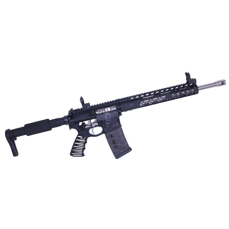 Matte-black AR-15 tactical rifle with adjustable stock, rail system, and ergonomic design.