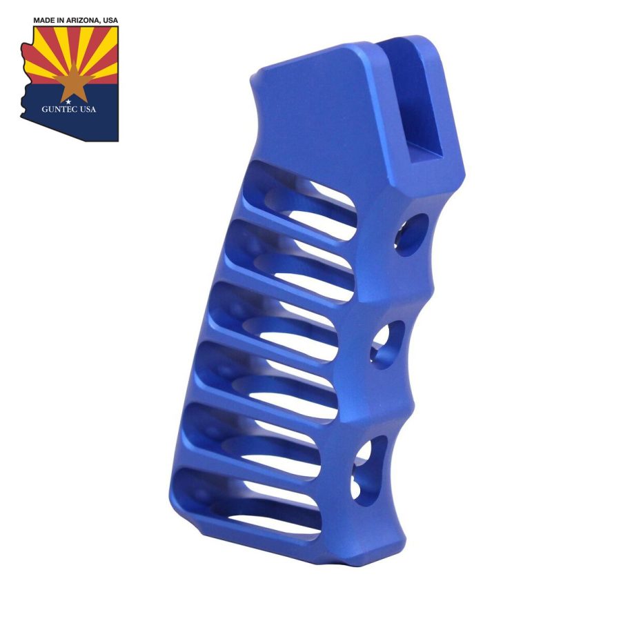 Blue anodized firearm grip with ergonomic ribbing and Arizona state emblem for customization.