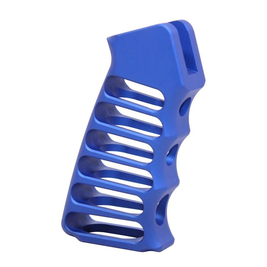 Bright blue ergonomic pistol grip with cutouts for AR-style firearms, lightweight and stylish.