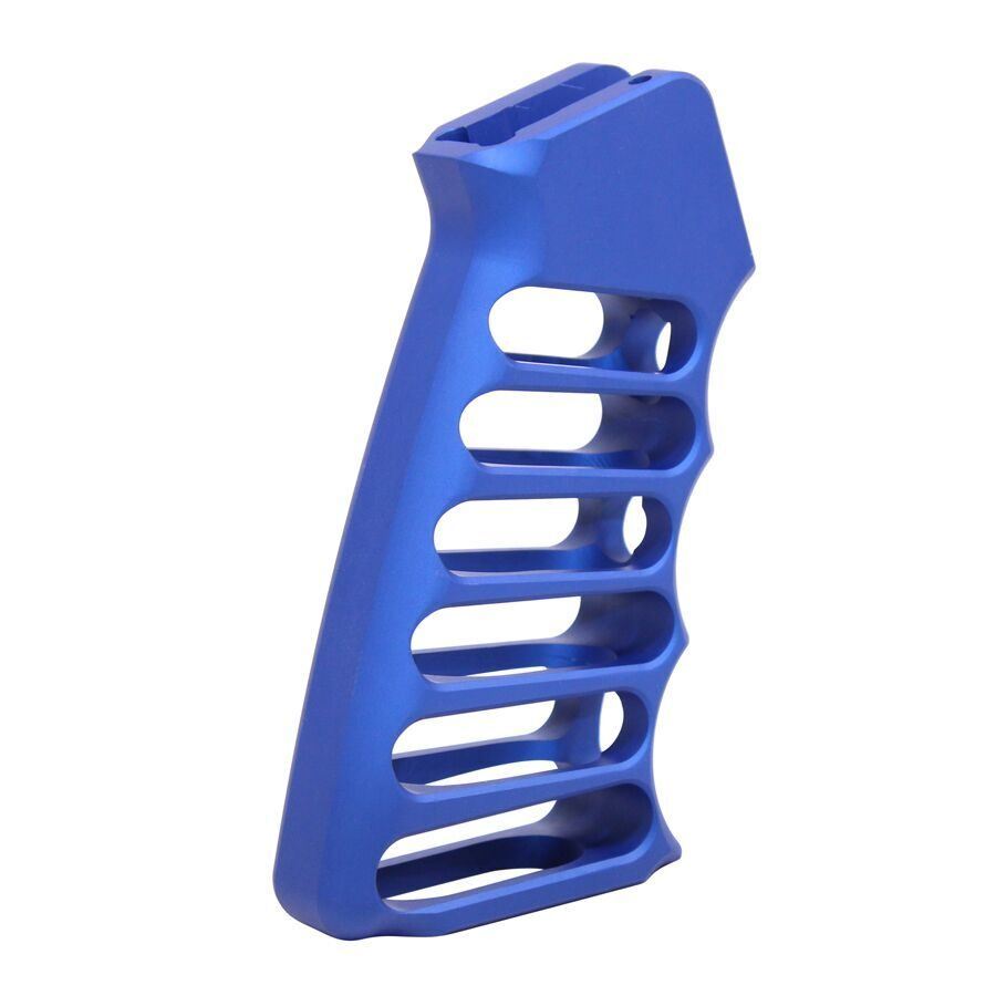 Blue ergonomic AR-15 polymer pistol grip with finger grooves for firearm customization.