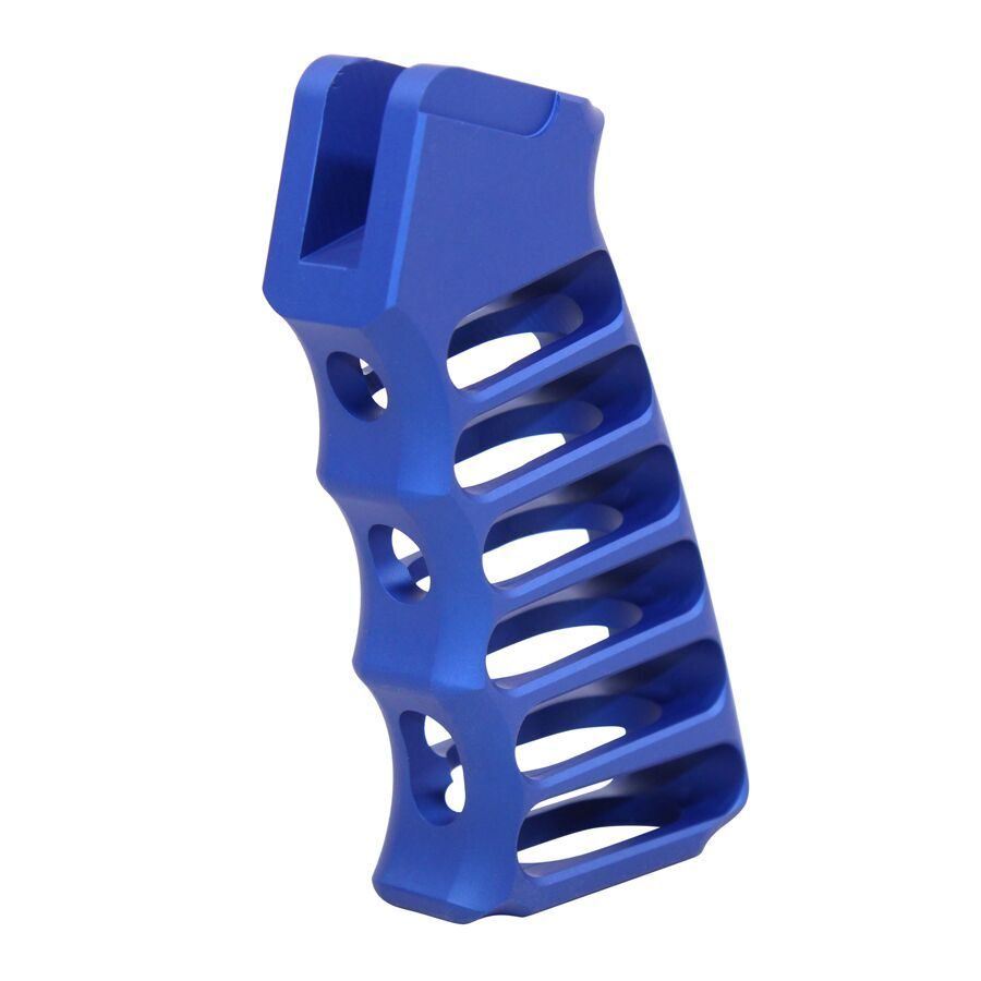 Cobalt blue AR-15 grip, ergonomic design with finger grooves, lightweight and textured for control.