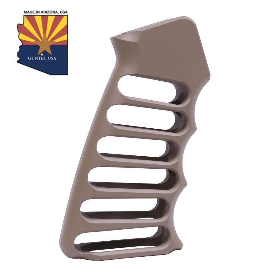 Tactical tan pistol grip with ergonomic, skeletal design, made in Arizona, ideal for desert use.