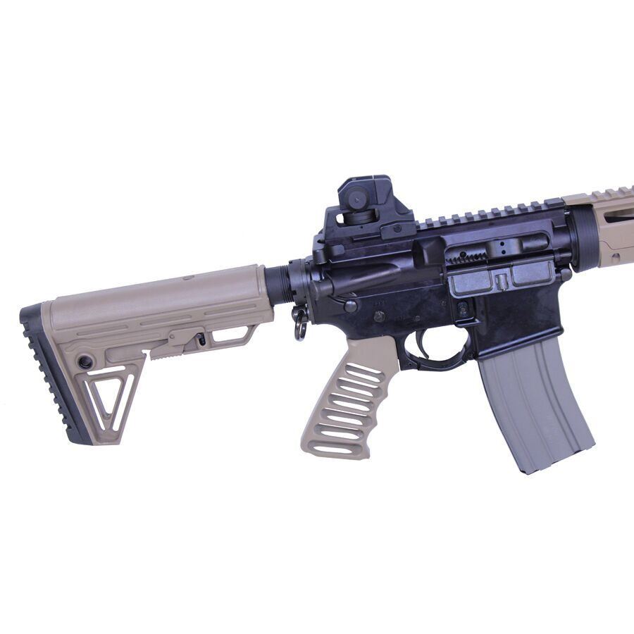 Modern AR-15 rifle: FDE design, tactical rail, red dot sight, for military or law enforcement.